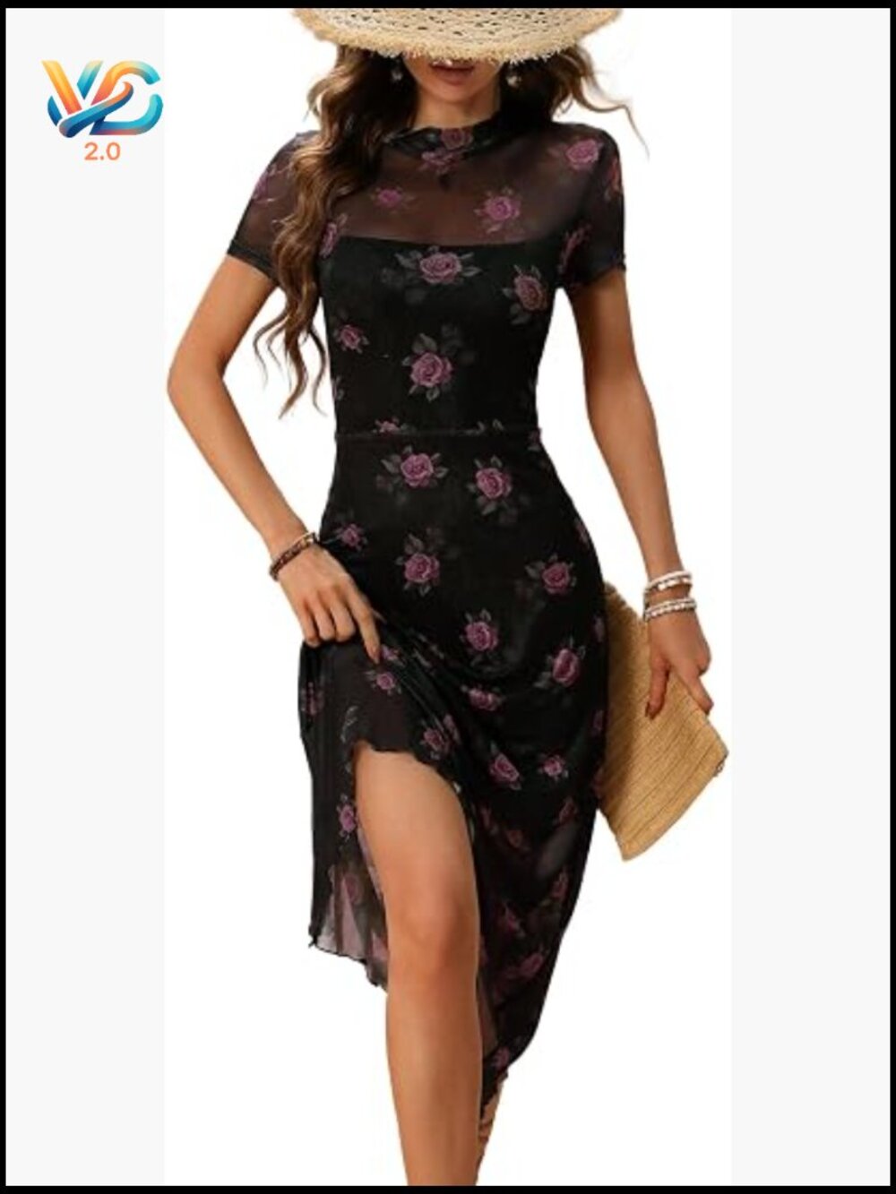 Floral Print Vintage Midi Dress Mesh Spliced Double-Layered Irregular Hemline